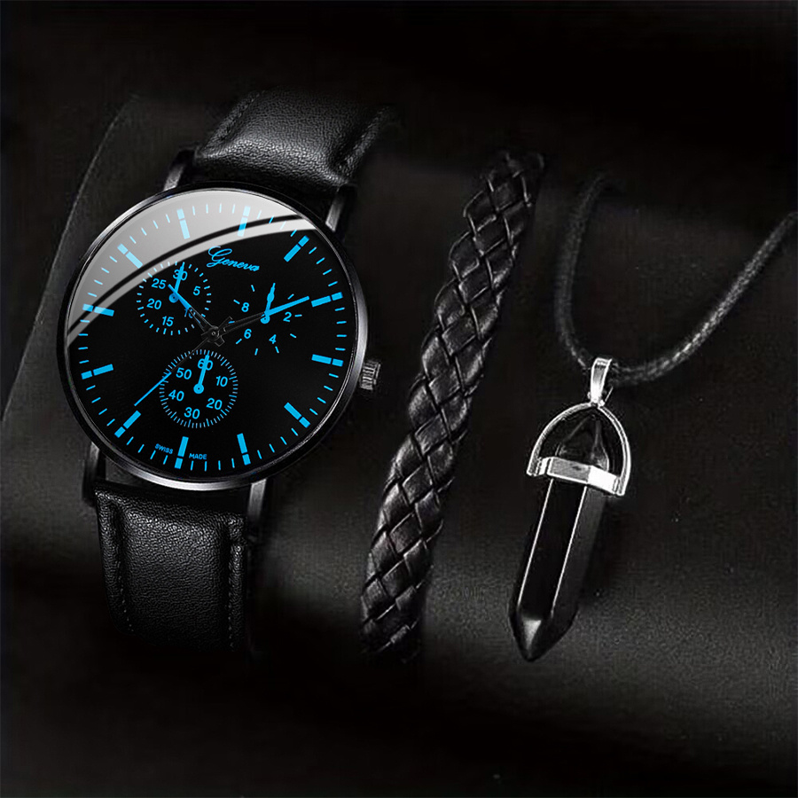 3PCS Fashion Men Business Watc - Leather Watch Band Men 评论和价格